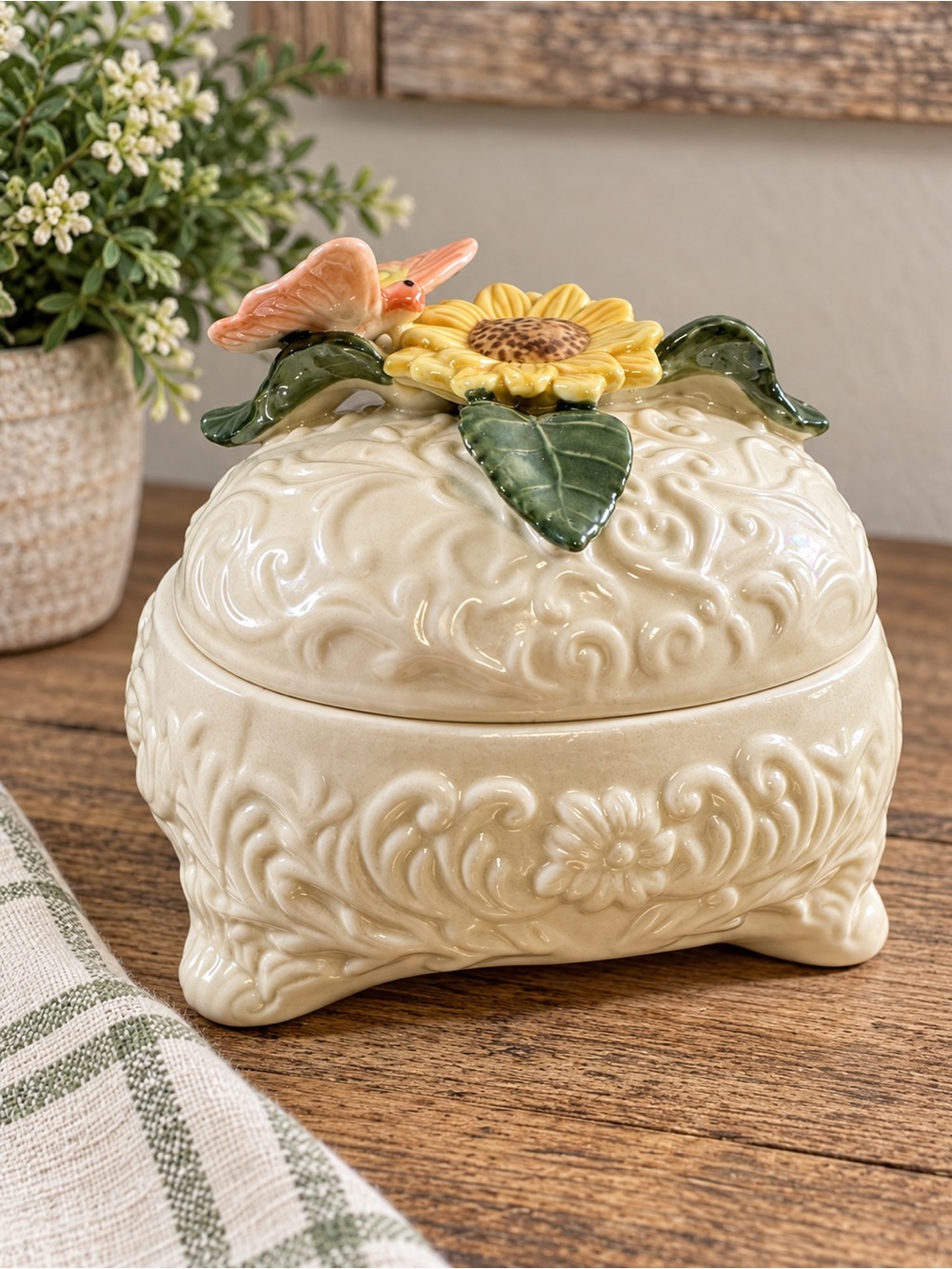 Ceramic Sunflower Butterfly Trinket Jewelry Box